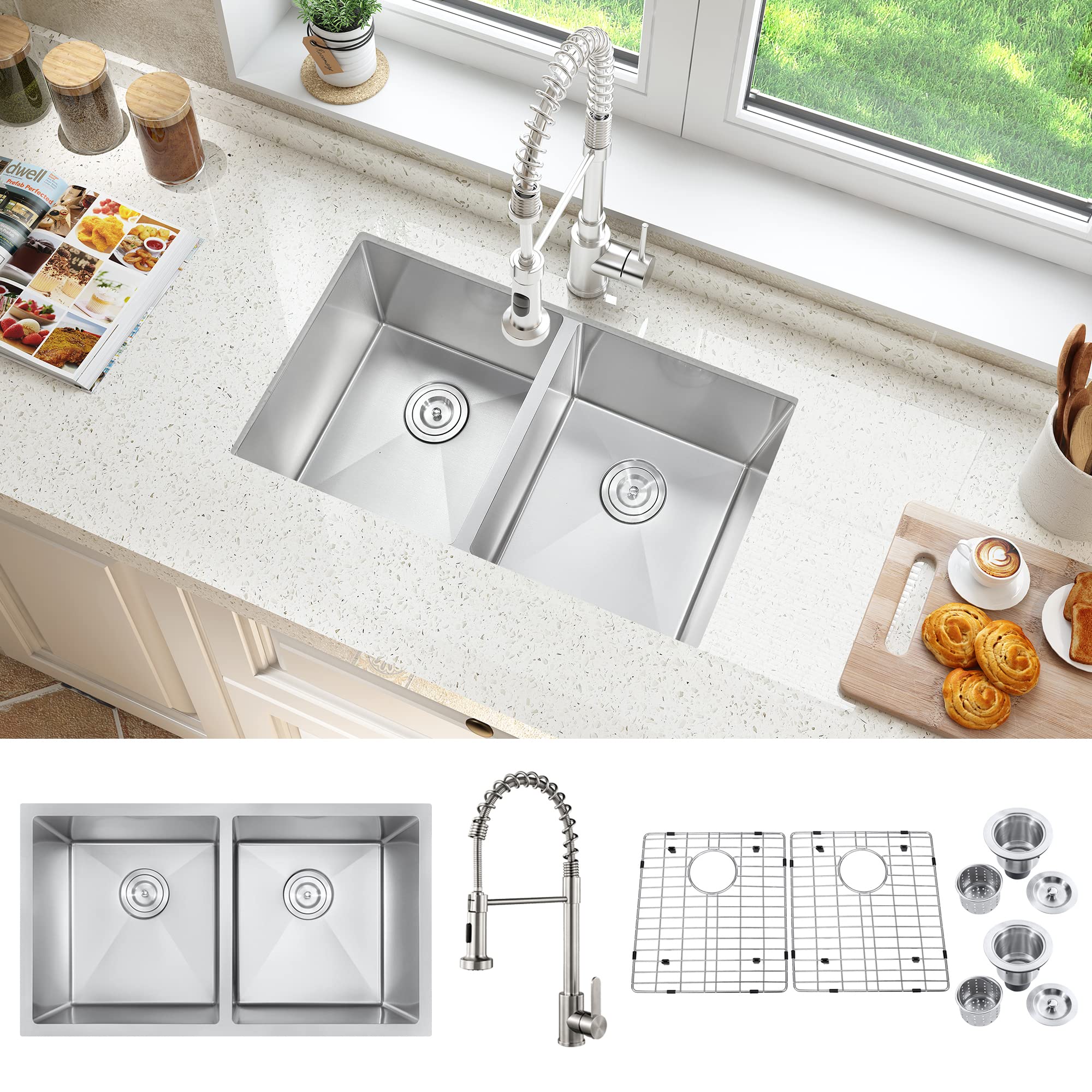 ATTOP Double Bowls Undermount Sink With Faucet,32