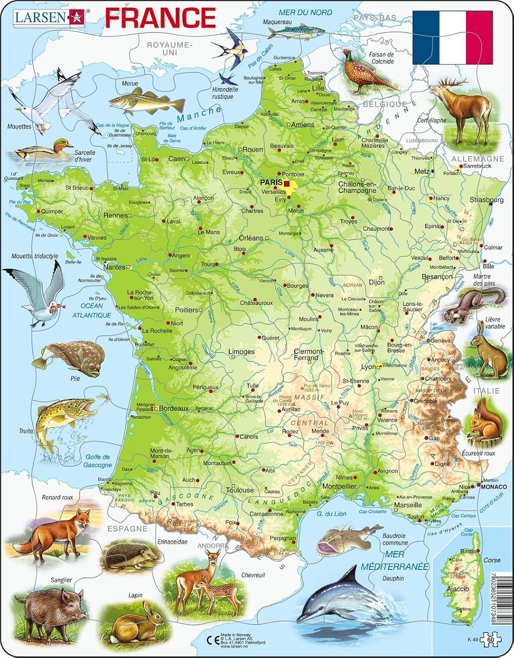 Larsen K49 France Physical Map Jigsaw Puzzle 60 Pieces French Edition Tray