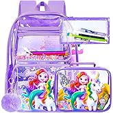 ZLYERT 3Pcs Clear Backpack for girls, 16" Mermaid Unicorn Transparent Bookbag, Large See Through PVC School Backpacks with Lunch Box(Purple)