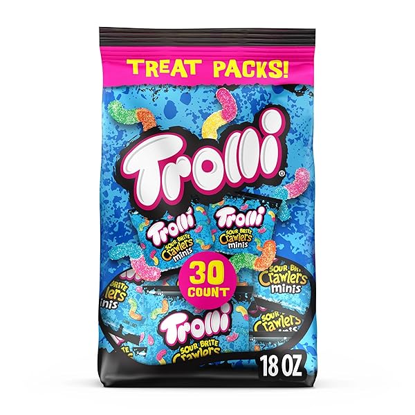 TROLLI MINI SOUR BRITE CRAWLERS CANDY, CHERRY-LEMON, STRAWBERRY-GRAPE & ORANGE-LIME, SWEET AND SOUR, GUMMY WORMS, 18 OZ (30 CT)