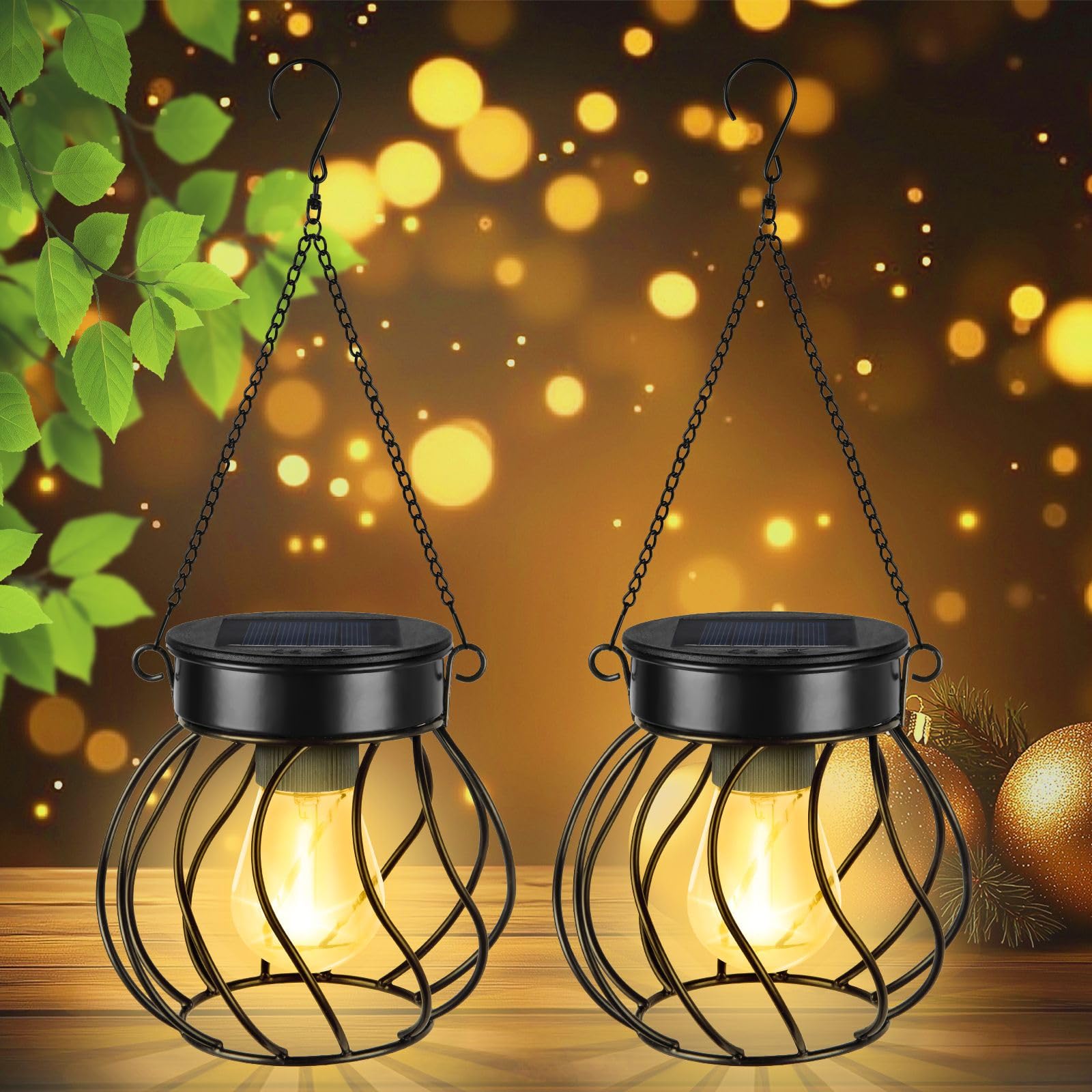2-Pack Flintronic Solar Lanterns - IP65 Waterproof Hanging Metal Garden Solar Lights for Yard Pathway, Patio, Lawn, Table & Fence Ornaments