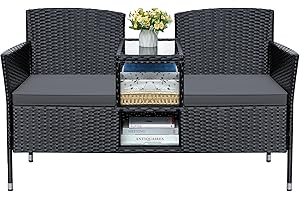 Greesum Patio Loveseat Outdoor Wicker Furniture Conversation Set with Soft Cushions & Built-in Coffee Table for Lawn Garden Backyard, Gray