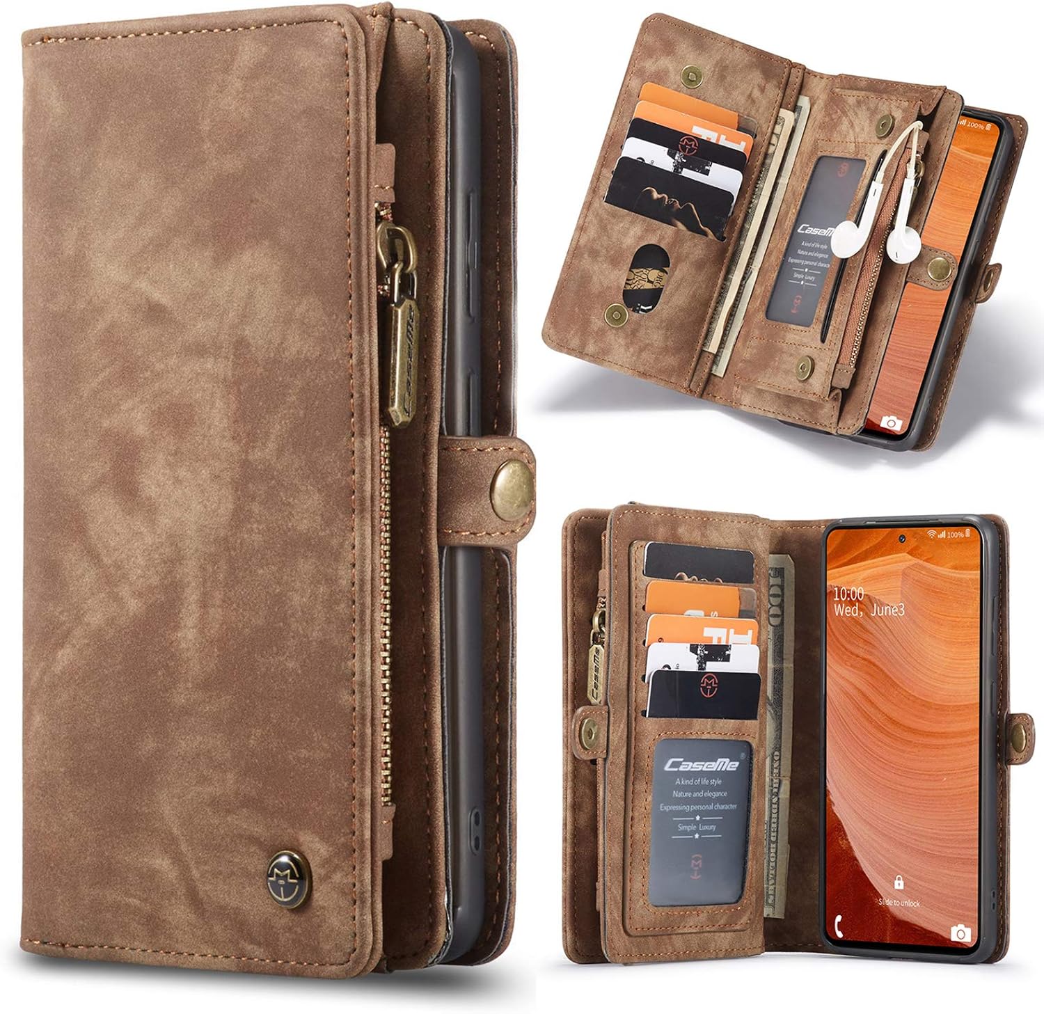 ANROD Detachable Leather Wallet Case for Samsung Galaxy S20 FE 5G,CaseMe Magnetic Closure 2-in-1 Flip TPU Shockproof Zipper Purse Back Cover with Card Slots (Coffee)