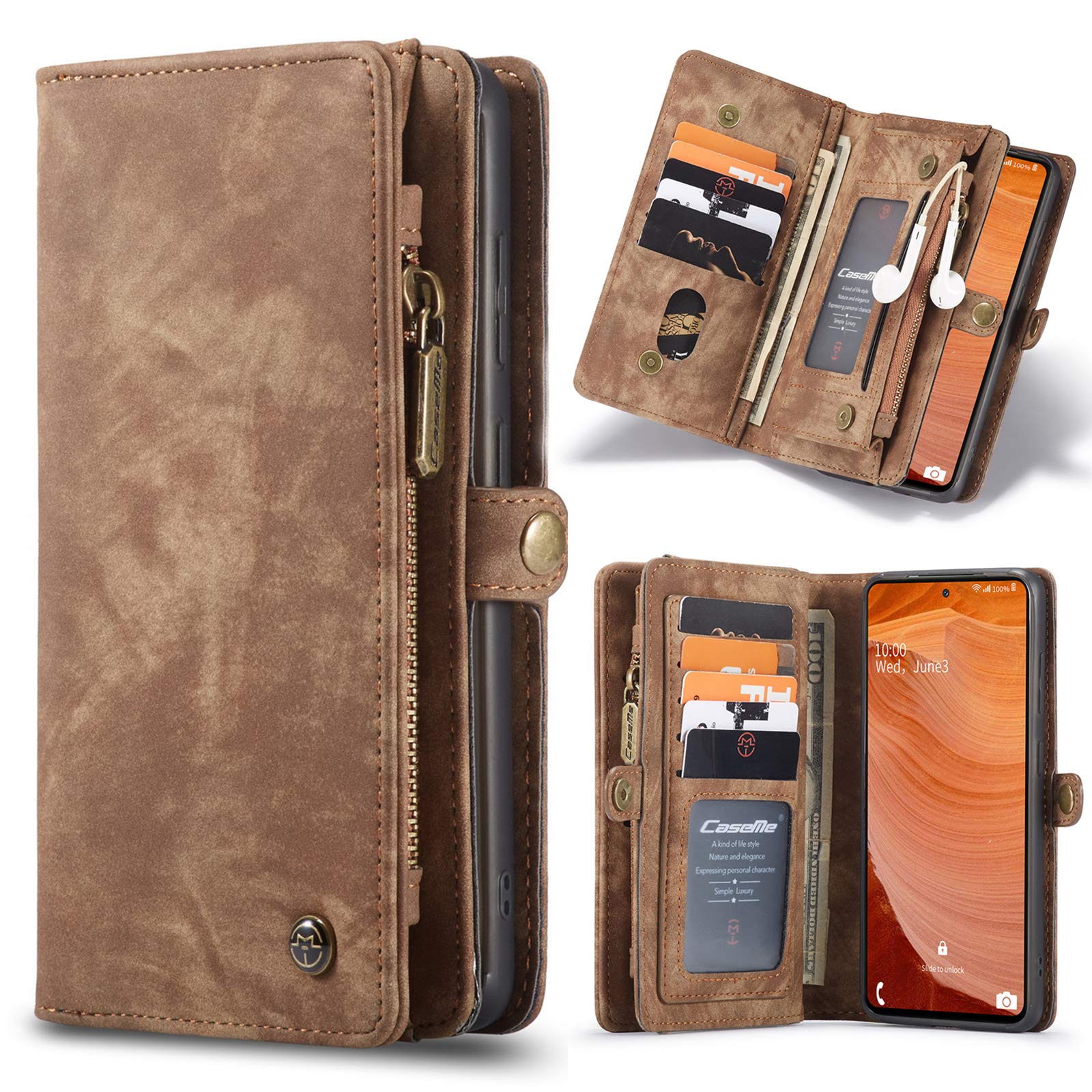 ANROD Detachable Leather Wallet Case for Samsung Galaxy S20 FE 5G,CaseMe Magnetic Closure 2-in-1 Flip TPU Shockproof Zipper Purse Back Cover with Card Slots (Coffee)
