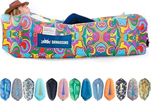 Chillbo Shwaggins Inflatable Couch ā No-Pump Setup, Ripstop Polyester, Stability Pegs, Fun Prints, Portable Air Lounger for B