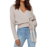 LANYO LILI Women’s Cropped Sweater V-Neck Wrap Sweater Long Sleeve Ribbed Knit Pullover with Side Tie Valentines Day Outfit
