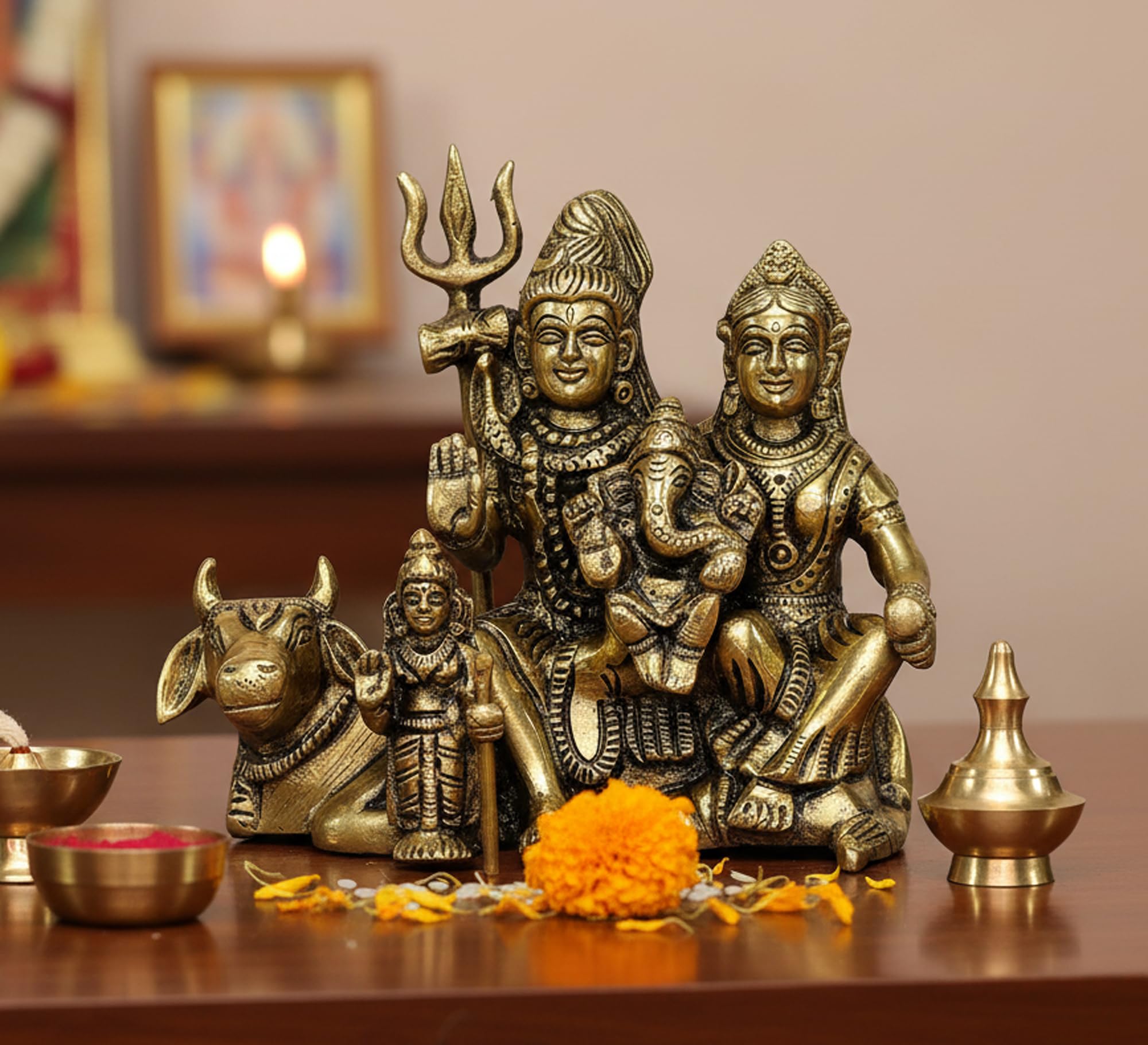 StonKraft - Brass Shiv Pariwar Shiva Family Bholenath Shankar Parvati Ganesh / Ganesha Nandi Murti Idol Statue Sculpture - 4.5" Inches