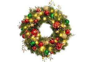 Quntis 16'' Christmas Wreath Hanging Red Gold Green Ball Ornaments Shiny Berries, 40 LED Lighted Christmas Front Door Wreaths 8 Flashing Modes for Outside Indoor Home Party Fireplace Window Xmas Decor