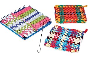 HearthSong Hook and Loop Potholder Set with Loom, Weaving Hook, and 115 Cotton Loops (Makes Three Potholders)