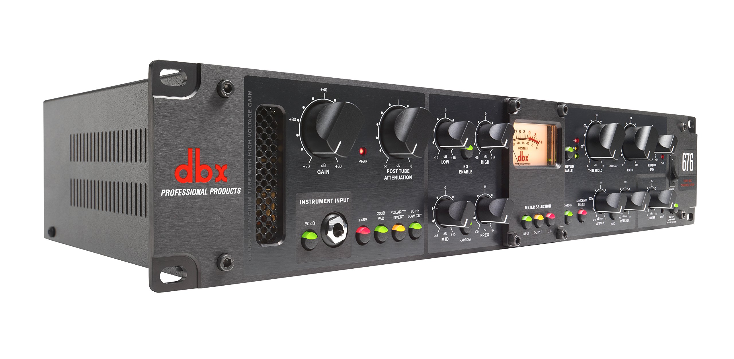dbx DBX676FX Tube Mic PreAmp Channel Strip with Compressor, Limiter, and 3-Band Parametric EQ, VU Meter, XLR and ¼” inputs. Rack Mountable 2U. Black