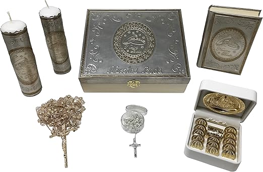 Amazon Com Premium Catholic Wedding Kit In An Embossed Box With 2 Candles Wedding Coins Lasso Bible Spanish And Rosary Kit De Boda Catolico En Caja De Repujado Con 2 Velas Arras Lazo