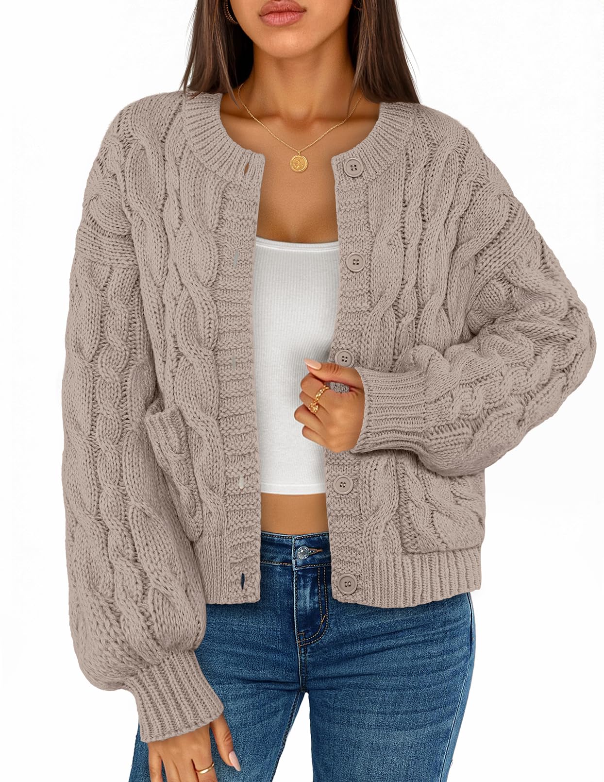 Photo 1 of MEROKEETY Women's Cable Knit Chunky Cardigan Sweaters 2025 Fall Winter Trendy Button Up Long Sleeve Coat, Sand, Medium