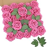 AmyHomie 25pcs Real Looking Artificial Hot Pink Roses w/Stem for DIY Wedding Bouquets Centerpieces Arrangements Party Baby Shower Valentines Day Christmas Tree Decorations