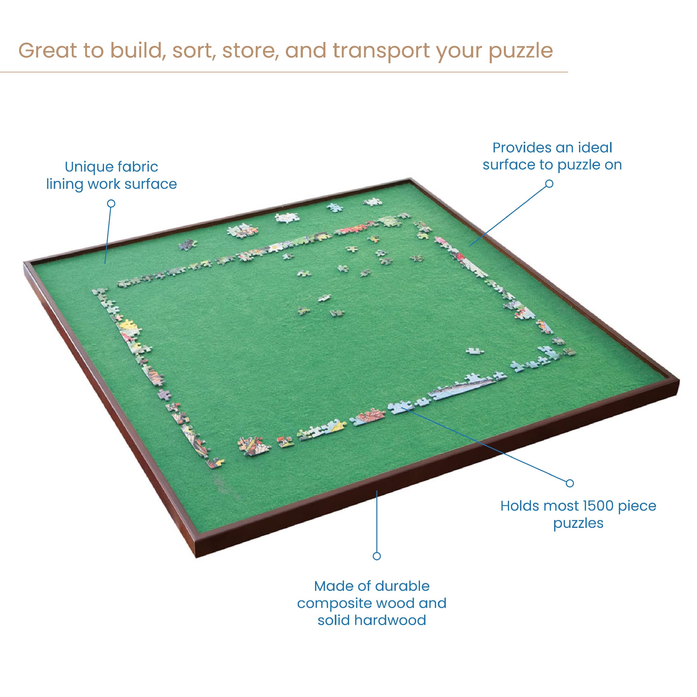 Bits and Pieces Rotating Puzzle Board with Lazy Susan, Portable 1500 Piece Jigsaw Puzzle Table with Fabric Lining, Measures 34