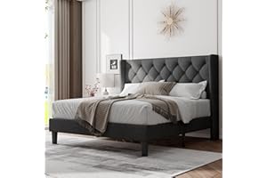 Feonase Queen Size Bed Frame with Diamond Tufted Wingback Headboard, Morden Upholstered Platform Bed, Sturdy Wooden Slats Support, Noise-Free, No Box Spring Needed, Easy Assembly, Dark Gray
