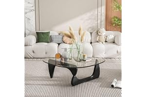 PRITIY Triangle Coffee Table in Walnut Mid Century Modern Solid Wood Base and Triangle Clear Glass Coffee Table for Living Room Low Minimalist Tea Table Coffee Tables (32.3 * 22.4 * 16, Black Transparent)