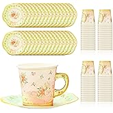 Rtteri 100 Pcs Tea Party Decorations - 50 Disposable Tea Cups & Saucers - 6.5 oz Paper Tea Cups & Plates - Floral Tea Party Decorations for Women Birthday Princess (Light Yellow)