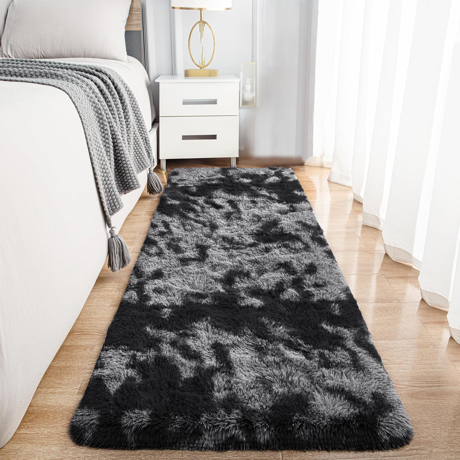 MOONLIGHT20015 Rugs Living Room – Fluffy Shaggy Area Rugs for Bedroom Dark Grey, Hallway Runner Anti-Slip – Modern Super Soft Plush Carpet Non Shedding Easy To Clean Rug (Tye-Dye Grey, 80cm x 300cm)