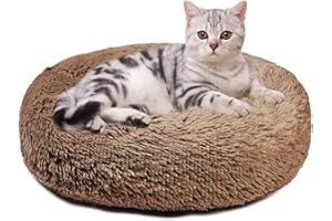 Aurako Cat Bed Dog Bed Round Cushion Pet Bed Mat Ultra Soft Plush Donut Sofa Comfortable Pillow Machine Washable Pet Cuddle Beds for Kitten Small Medium Large Dogs Cats 16" Khaki
