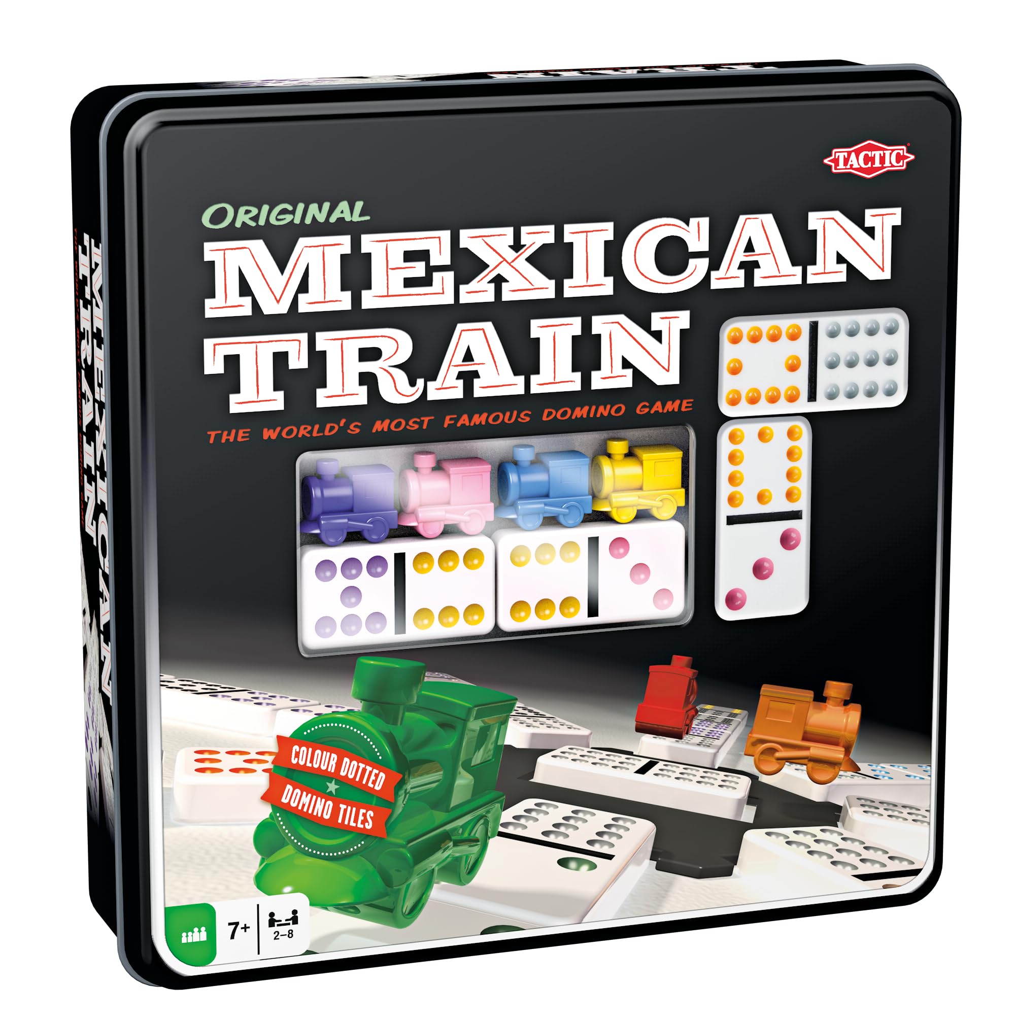 Tactic Mexican Train Domino Game for Kids, Adults, 2-8 Players - Portable, Compact Colored Domino Train Game in a Tin Box - Perfect for Fun Nights, Get Togethers