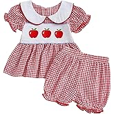 SHUING Toddler Girl Back to School Clothes Apple Plaid Doll Collar Puff Sleeve Tops Ruffled Shorts Set Infant Summer Outfit