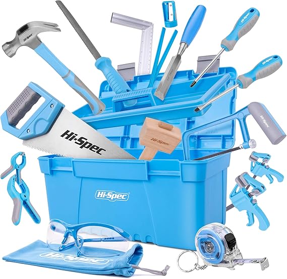 HiSpec 25 Piece Beginner Carpentry Tool Set with Tool Box, Wood