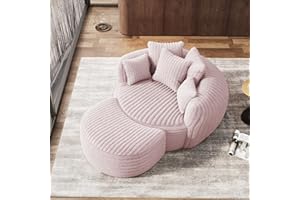 DAMAIFROM Oversized Chaise Lounge Chair Indoor with Ottoman 50.5" W x 67.0" D Round Soft Corduroy Comfy Oversized Reading Chair with 5 Pillows for Living, Reading Room - Pink