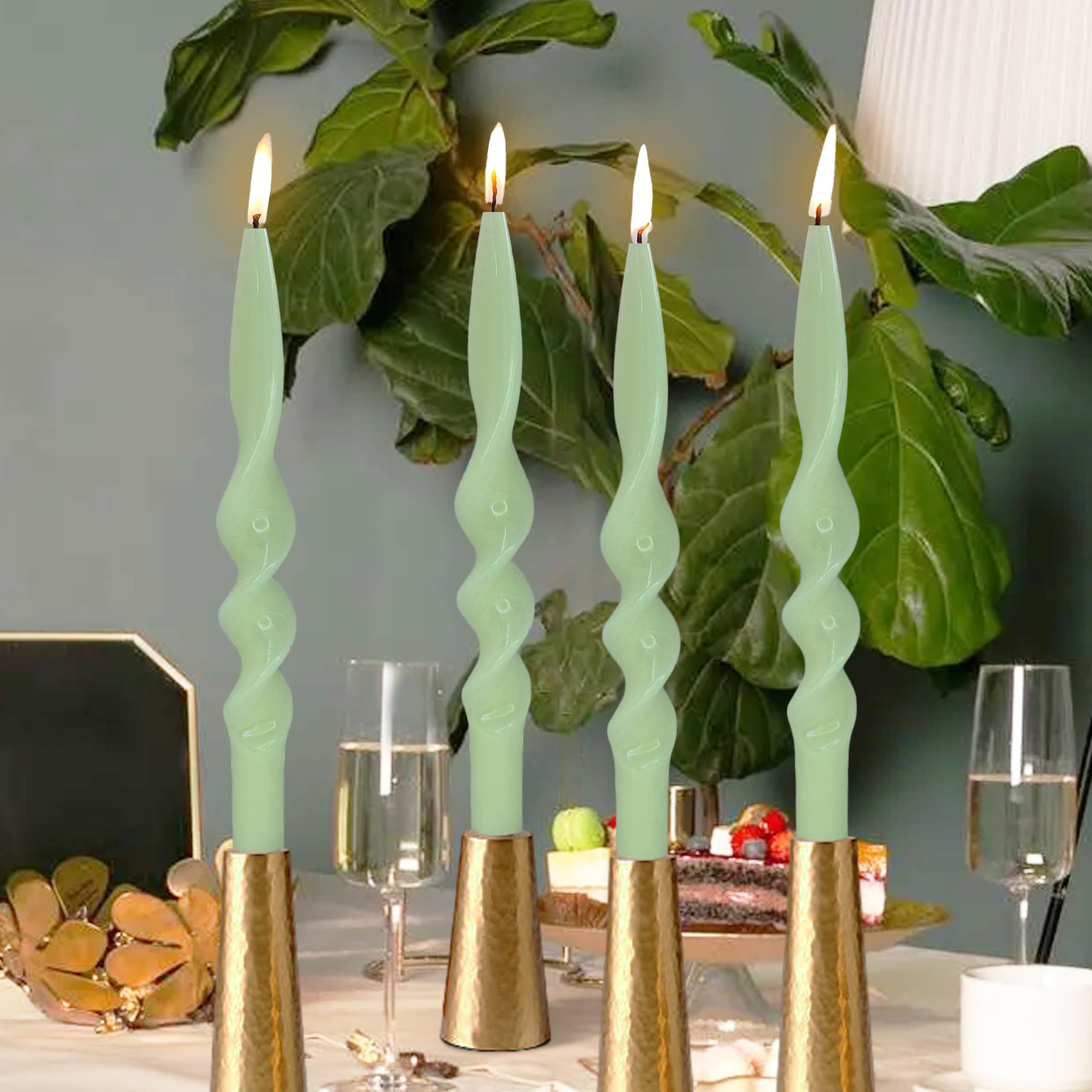 Photo 1 of 10 Inches Spiral Taper Candles Sticks Olive Green Twisted Candle Dripless Unscented Long Candles, Handmade Candlesticks for Wedding Dinner Decor, Set of 4