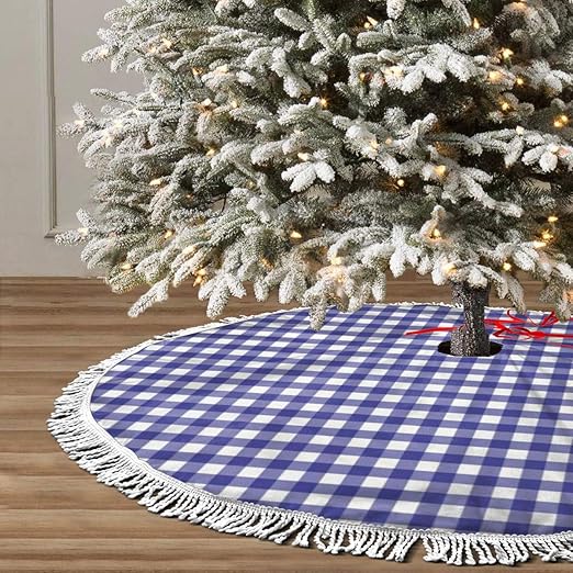 Amazon Com Ghygty Xmas Tree Skirt 48 Inch Blue And White Gingham White Tassel Edge Country Christmas Tree Skirts For Party Holiday Decorations Xmas Ornaments Home Kitchen
