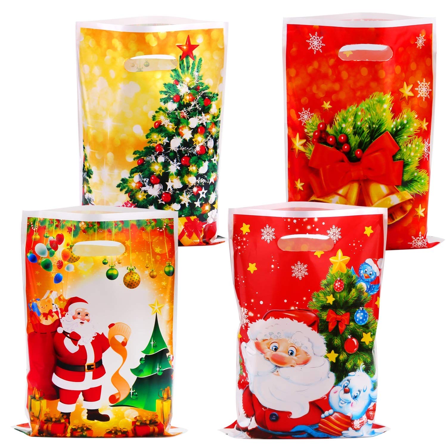 HOWAF 30pcs Christmas Treat Candy Gifts Bags with Handles for Xmas Presents Sweets, Christmas Tree Santa Goody Bags for Kids Adult Christmas Party Bag Fillers Party Decoration Supplies