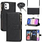 Jaorty for iPhone 11 Phone Case Wallet for Women,for iPhone 11 Case with Card Holder, Crossbody Case with Credit Card Holders and Slots Zipper Lanyard Strap Leather Cases for Men,6.1 Inch Black