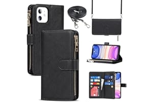 Jaorty for iPhone 11 Phone Case Wallet for Women,for iPhone 11 Case with Card Holder, Crossbody Case with Credit Card Holders and Slots Zipper Lanyard Strap Leather Cases for Men,6.1 Inch Black
