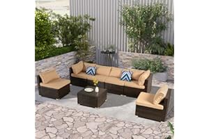 PORWEY Patio Outdoor Furniture Set 7 Pieces Rattan Wicker Sectional Sofa Couch Conversation Set with Table for Deck Lawn, Brown Wicker/Khaki Cushion