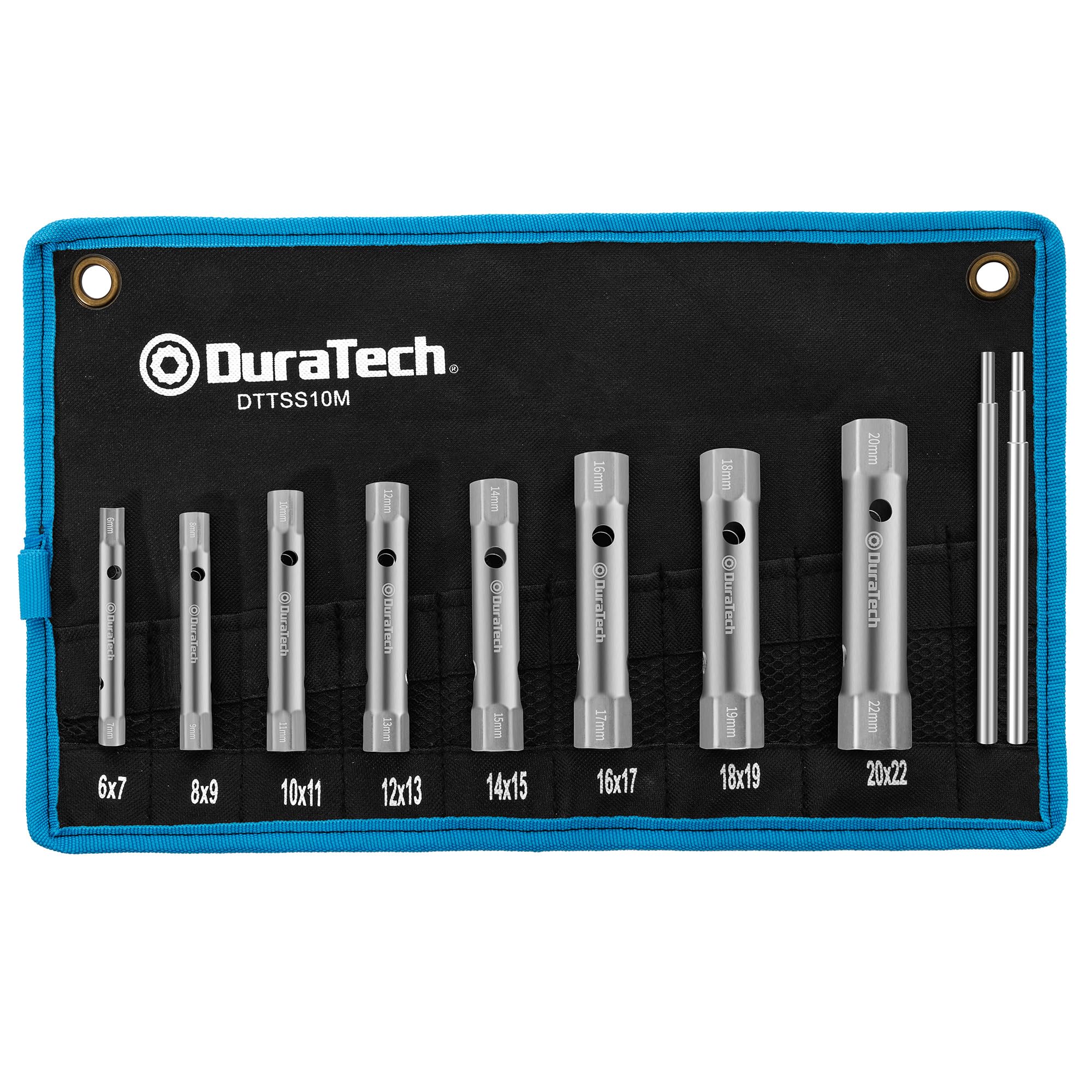 DURATECH 10-Piece Tubular Box Spanner Set 6-22 mm with 2 Tommy Bars, Metric Tap Spanners for Shower Valves, Plumbing and Installation Work