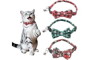 3Pcs Christmas Cat Collar with Bell and Cat Bow Tie, Breakaway Cat Christmas Collar Set, Cute Plaid Snowflake Patterns Cat Co