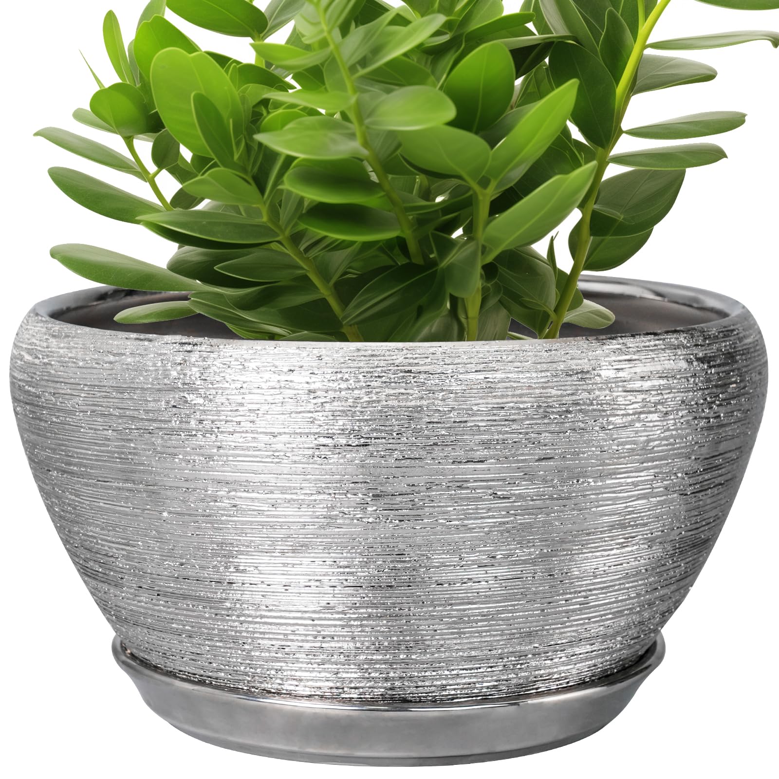 Ceramicfor Flower Pot for Indoor Plants - Ceramic Planter 11 Inch Plant Pot with Drainage Hole and Saucer Large Decorative Planter Outdoor Mid-Century Planter for House Decor Silver Image