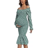 Maternity Fall Floral Midi Bodycon Dresses, Long Puff Sleeve Square Neck Ruffle Hem Mermaid Baby Shower Dress Green L