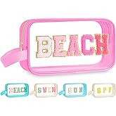 Kacctyen Clear Beach Bag Pouch Pink Beach Makeup Bag Monogram Sunscreen Cosmetics Toiletry Bags Chenille Letter Organizer Waterproof Sandproof Snack Pouch for Women