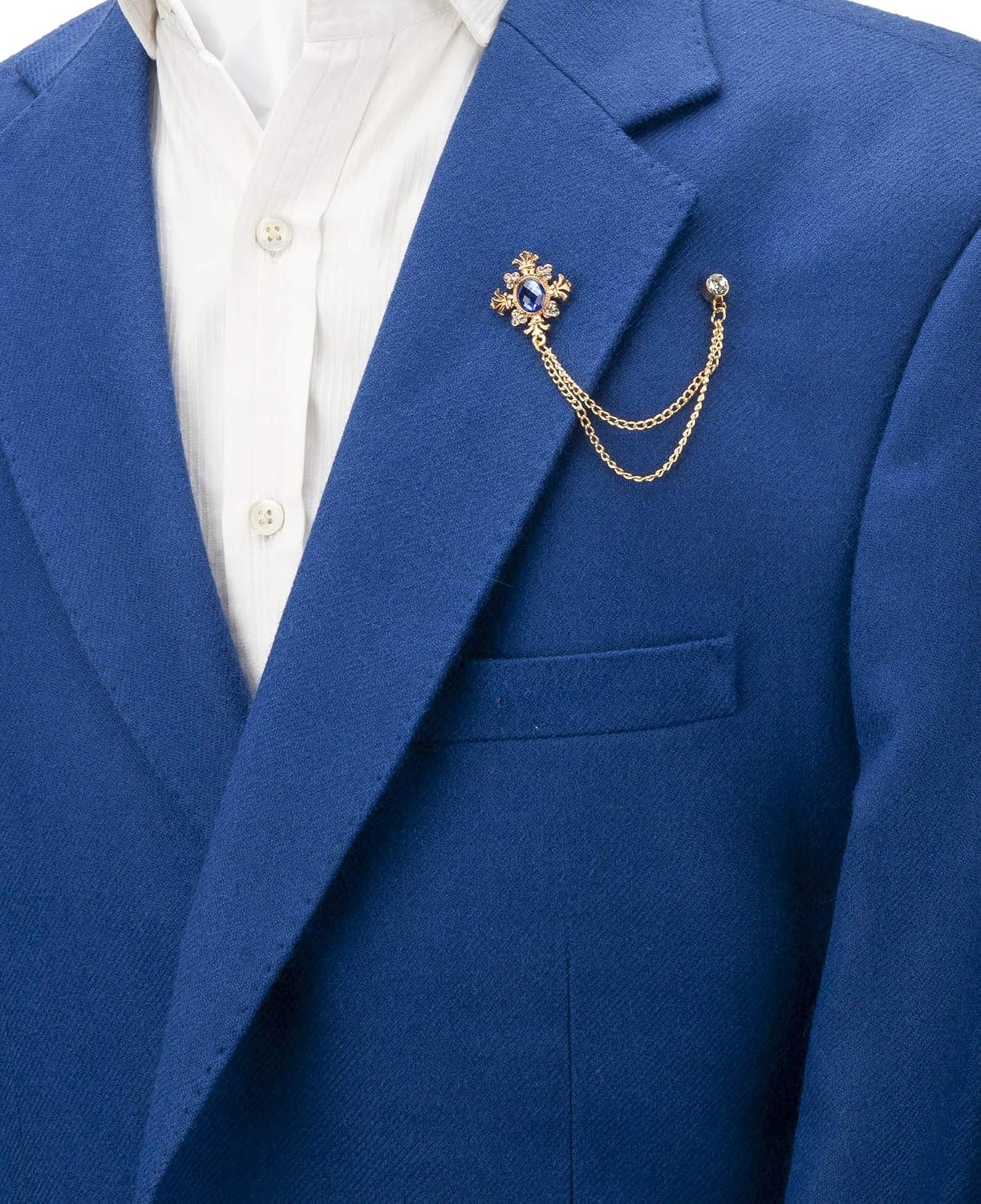 Brooch Lapel Pin for Men Royal Blue Shimmer Stone with Rose Gold Engraving Hanging Chain Lapel Pin Badge Coat Suit Wedding Gift Party Shirt Collar Accessories - Image 3