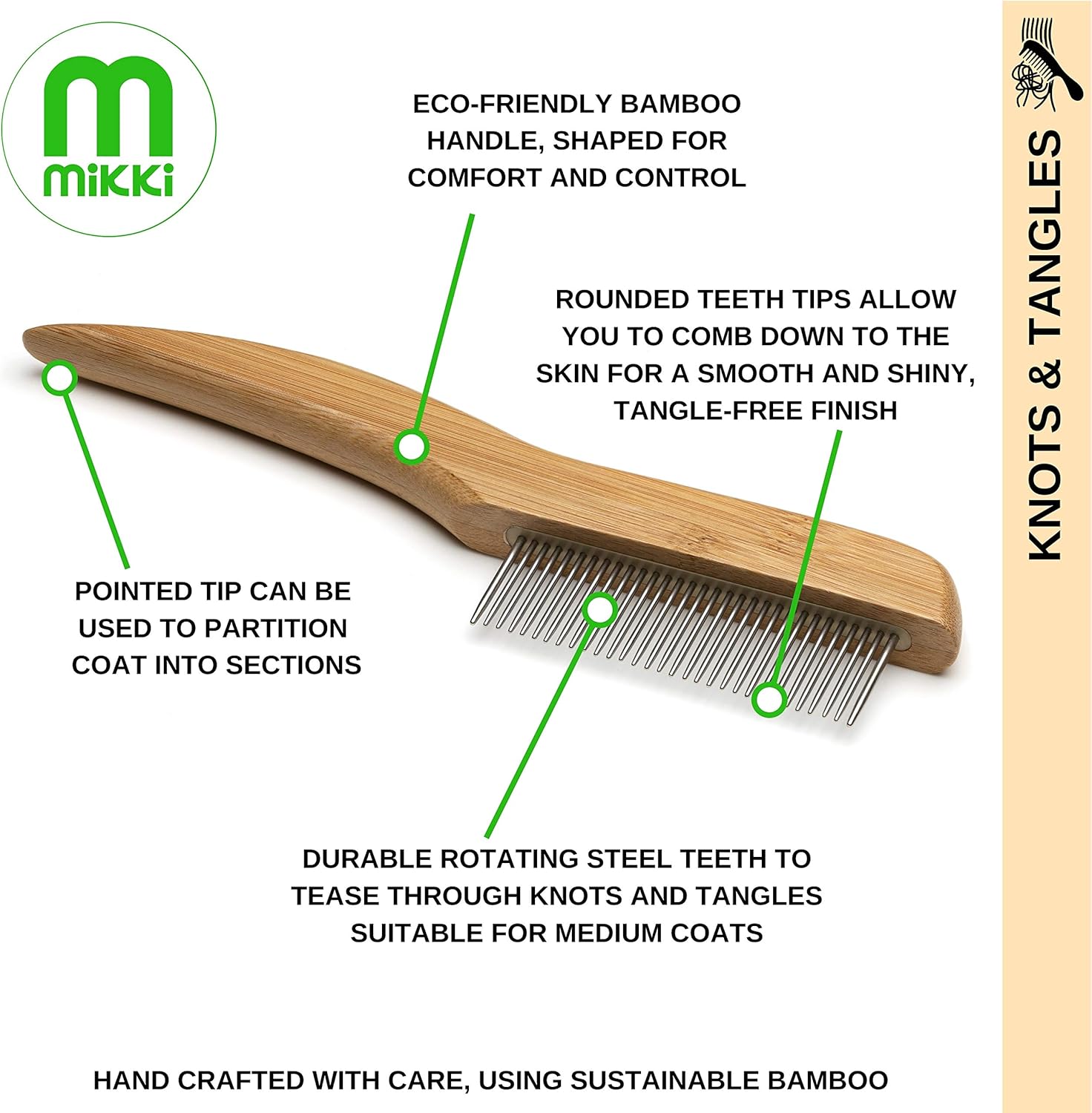 Mikki Bamboo Anti-Tangle Comb for Dog Cat, Puppy with Medium and Long Hair Coats, Removes Knots, Matts and Tangles - Image 5