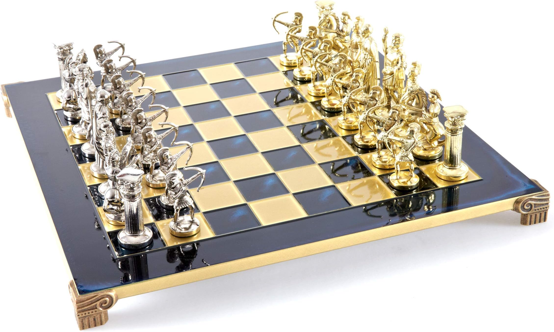 Archers Large Chess Set - Brass&Nickel - Blue Chess Board