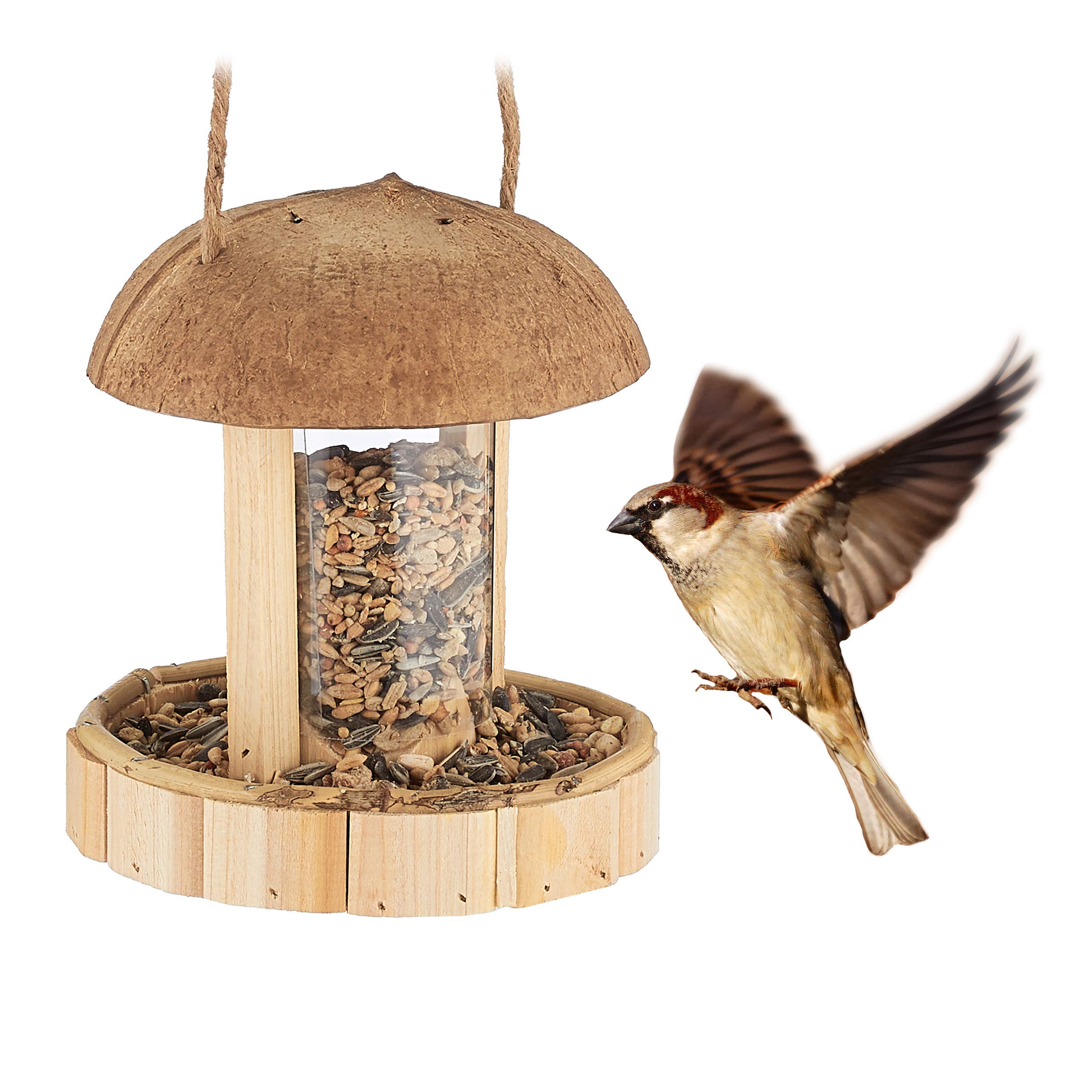 Relaxdays Bird Feeder, Feeding Station, Hanging, H x W x D: 17 x 14.5 x 14.5 cm, Wood, Plastic, Natural