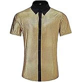 COSLILLI Men's 70s Disco Outfits Shirt Sequin Short Sleeve Top Prom Costume Halloween Party