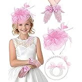 Girls Tea Party Fascinators Hats Lace Gloves Pearl Necklace Set for Wedding 1920s Tea Party Accessories (Blush Pink)