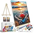 JOOZ Paint by Numbers Kit for Adults with Frame, Beach Sunset Paint by Number with Easel, DIY Beach Rose Oil Painting by Number, Easy Adult Paint by Number Kits on Canvas for Wall Decor 8 x 12 Inch