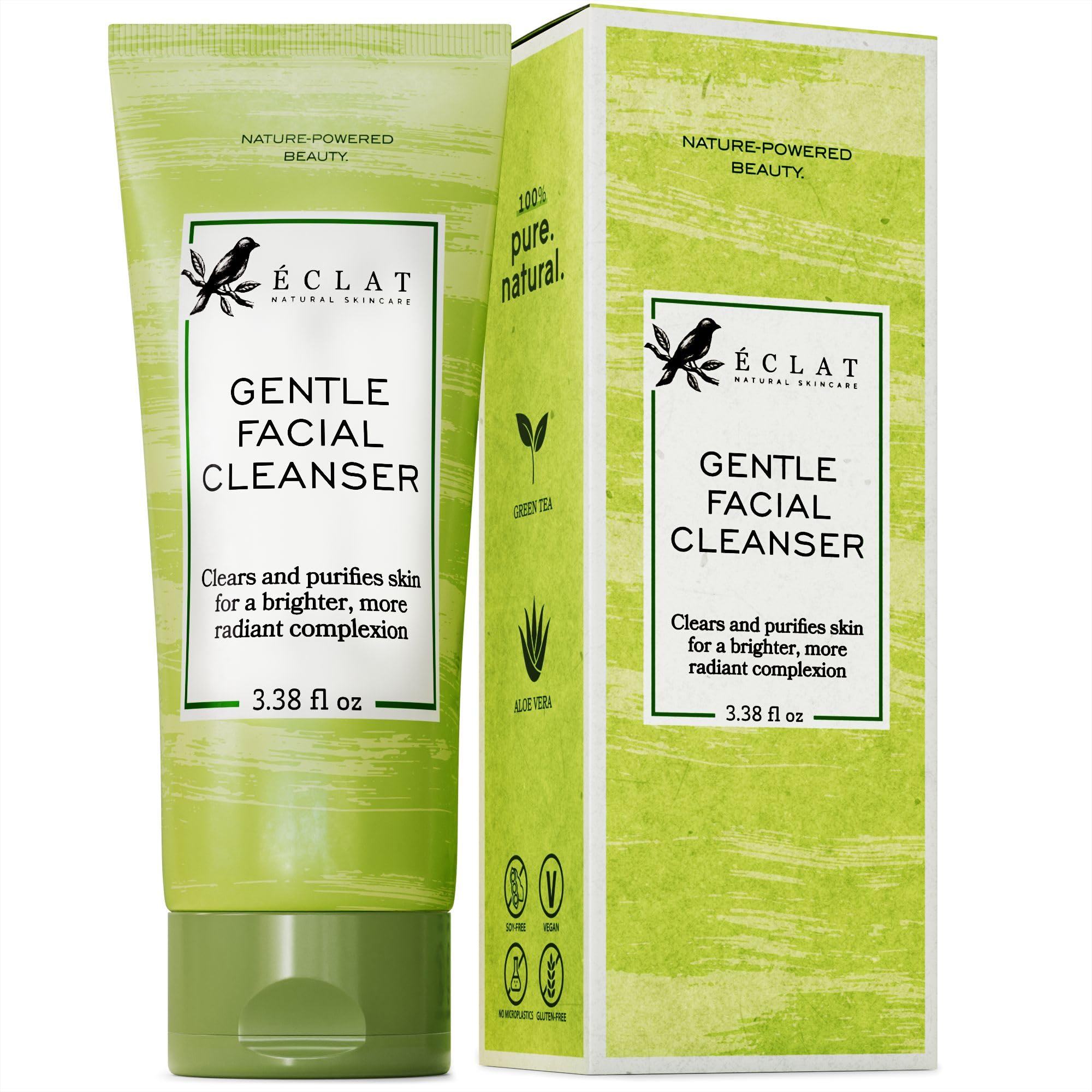 Gentle Facial Cleanser - Green Tea + Aloe Vera, Vitamin C & E, All Natural Face Wash for Deep Cleansing - Hydrating & Nourishing Green Tea Cleanser, Moisturizing Face Wash for All Skin Type