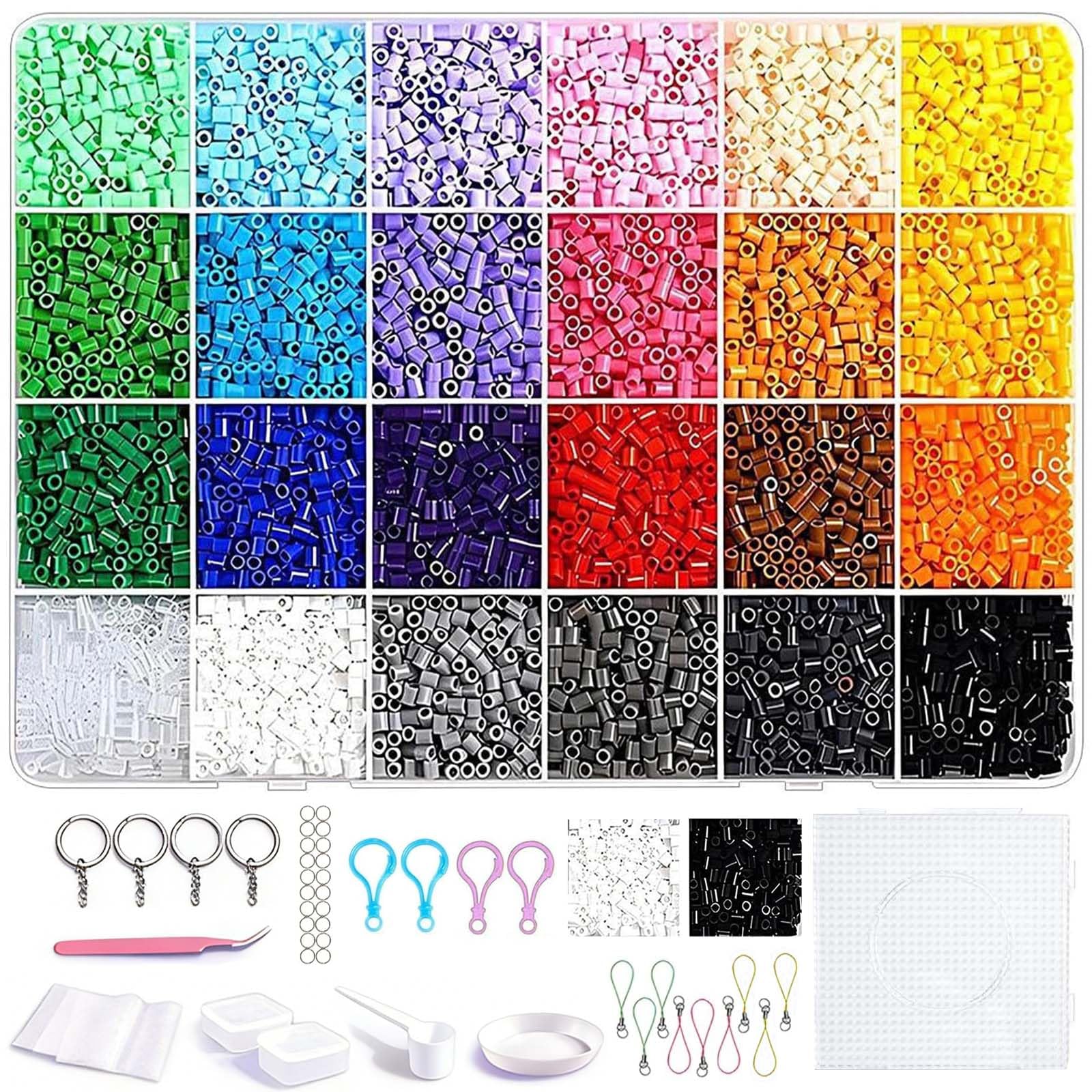 YueXing Fuse Beads -10400pcs Iron Beads Set for Kids 24 Colors 2.6mm Iron Beads for DIY Crafts with 5 Pegboards, 5 Keyrings, 2 Tweezers, Chain Accessories Gifts for Boys Girls (24Colors)