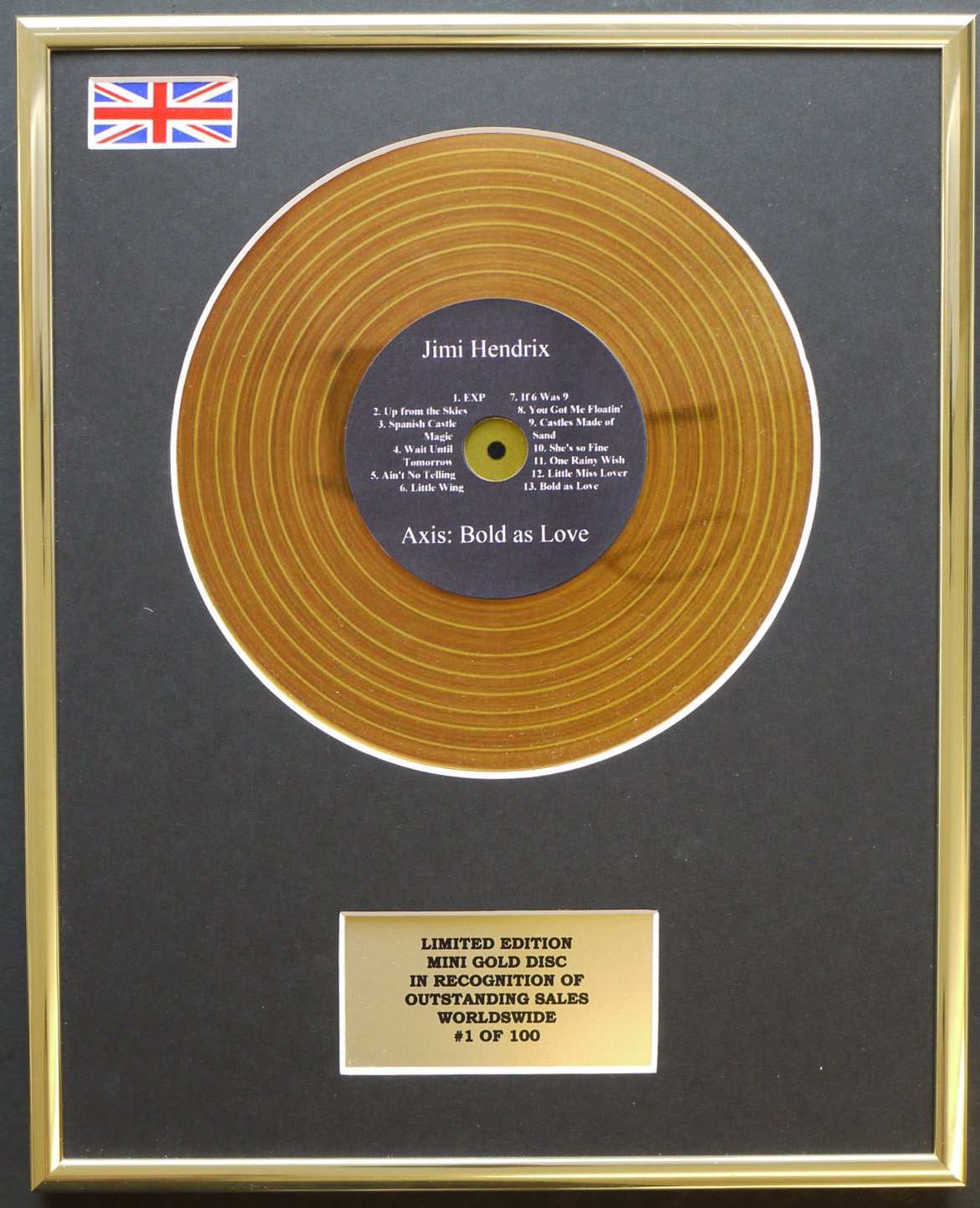 JIMI HENDRIX/MINI GOLD DISC DISPLAY/LIMITED EDITION/COA/AXIS: BOLD AS LOVE