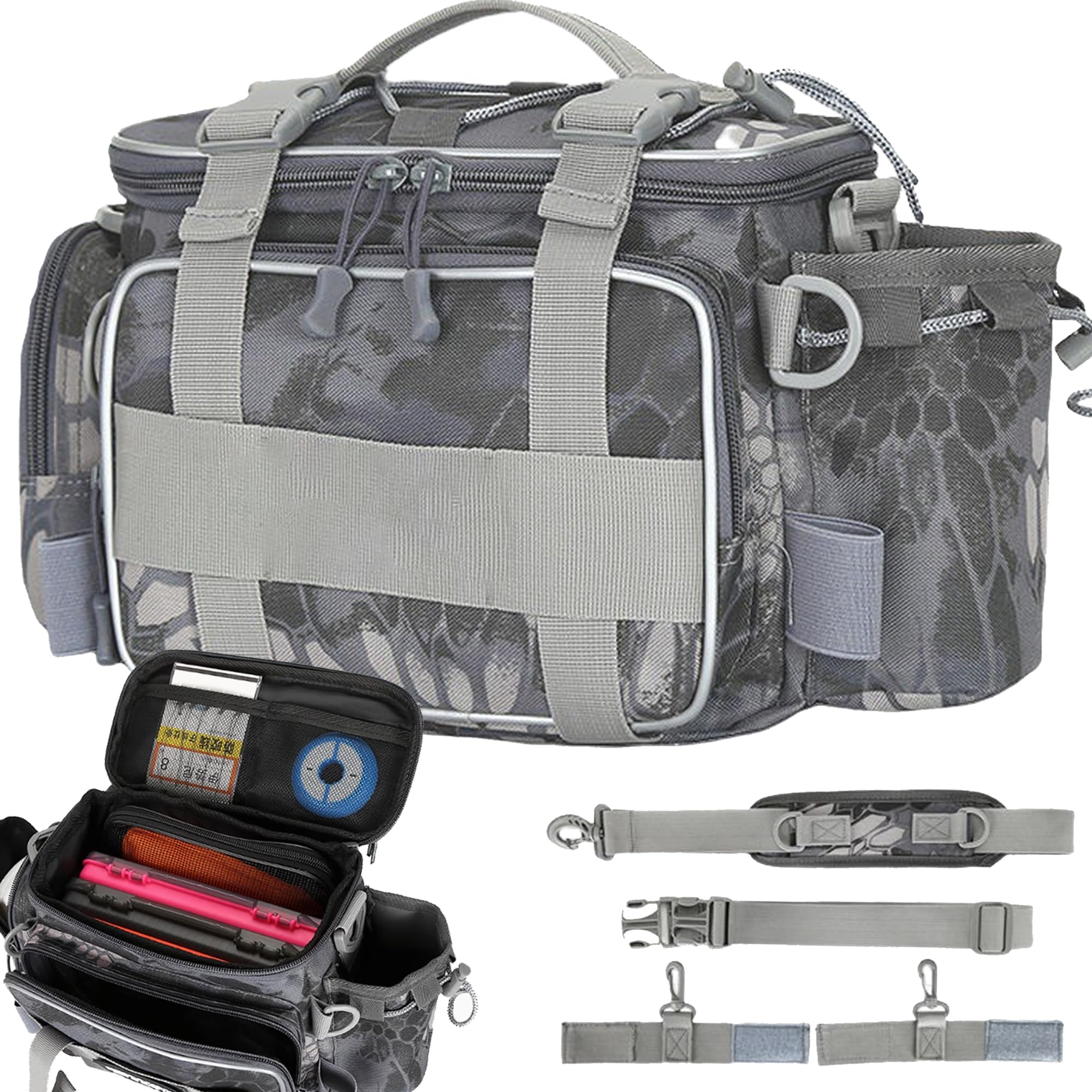 XUBX Multi-pocket Large Capacity, Single Shoulder Sea Fishing Tackle Bags Holdall Camouflage Outdoor Bag Hiking Travel Pack, Fishing Tackle Storage Holdall with Shoulder Strap(Python Grey)
