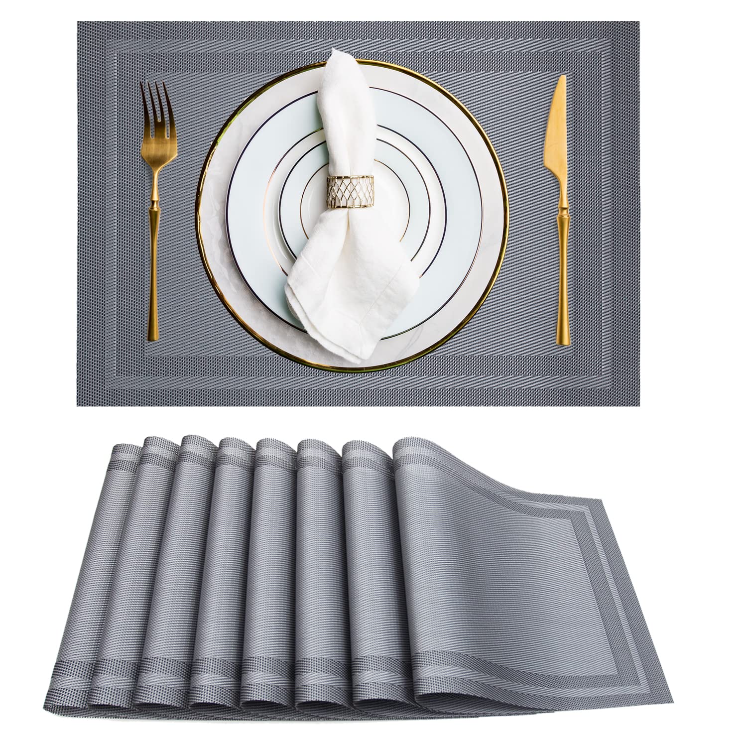 EXCOVIP Set of 8 Placemats, Non-Slip Crossweave Woven Vinyl Insulation Place Mat Washable Table Mats For Restaurants Party Decoration 45 x 30 cm(Grey)